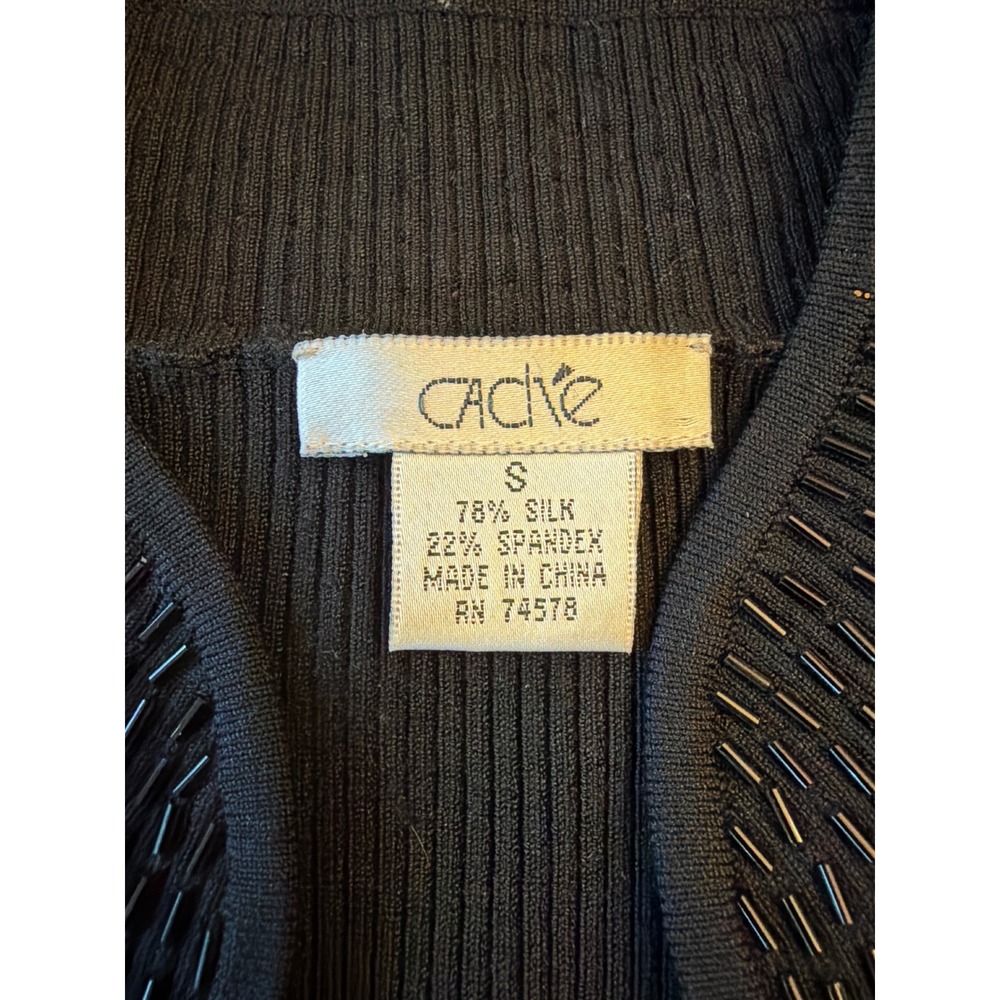 Cache Cardigan Black Silk Blend Beaded Dragon Mock Neck Full Zip Ribbed Small - Picture 3 of 7